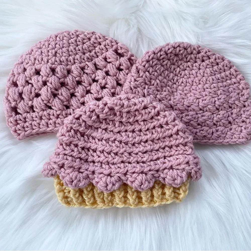 Set of 3 Baby Girl Crochet Hats Punk Yellow
